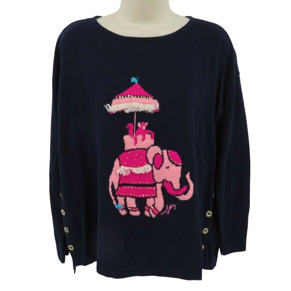 Lilly Pulizer Women Small 000621 Caralynn Elephant Sweater Blue Gold Buttons Top - Picture 1 of 12